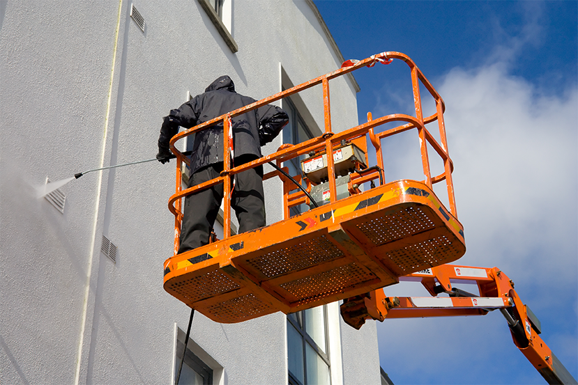 Boom lift building exterior pressure washing Bay Area